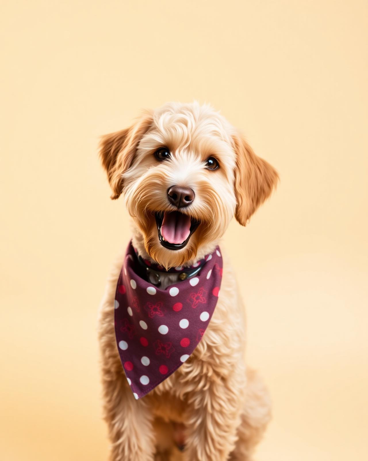 Freshly groomed golden doodle wearing a bandana